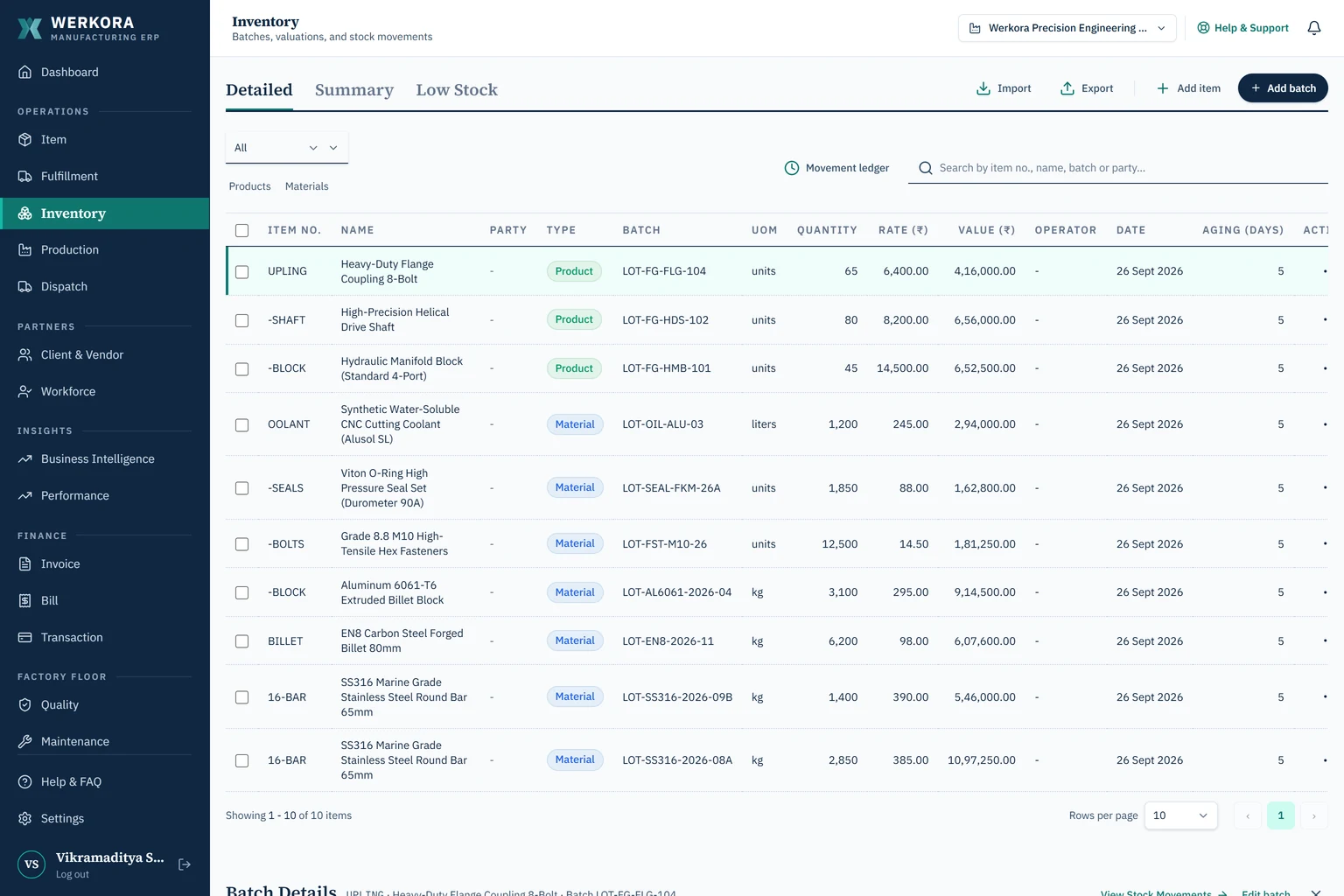 Werkora inventory screen listing stock by batch, with lot number, quantity, rate, value and age in days.